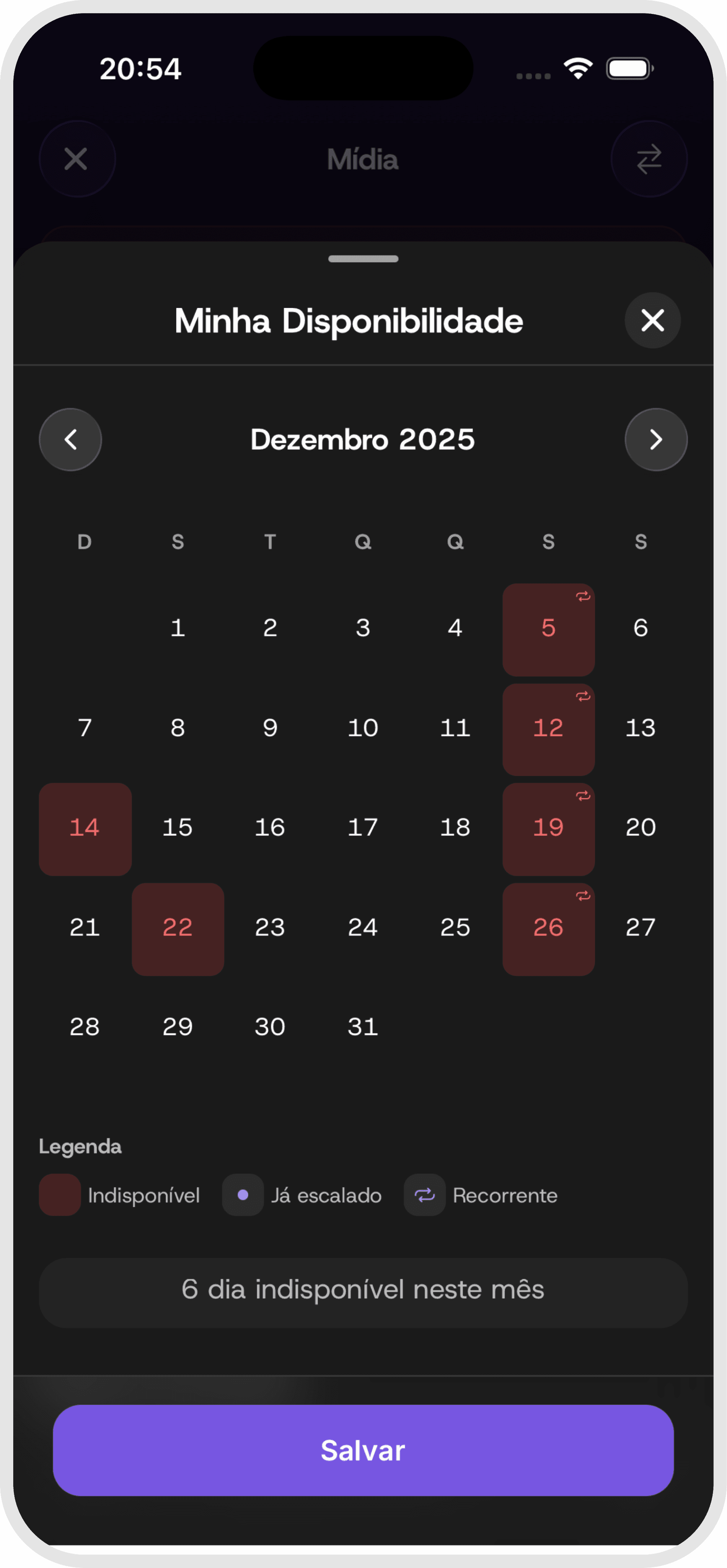 Tela de disponibilidade do app com calendário
