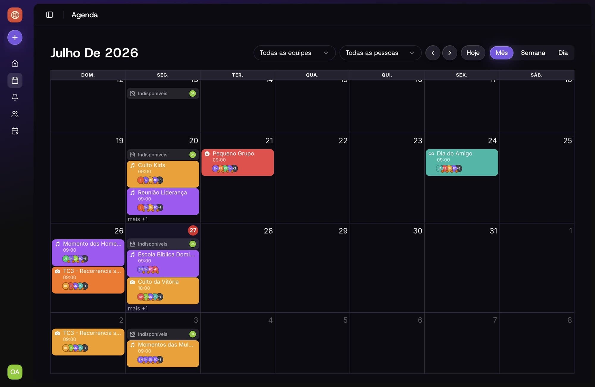 Painel web do Escala Church mostrando a agenda mensal com os cultos e escalas