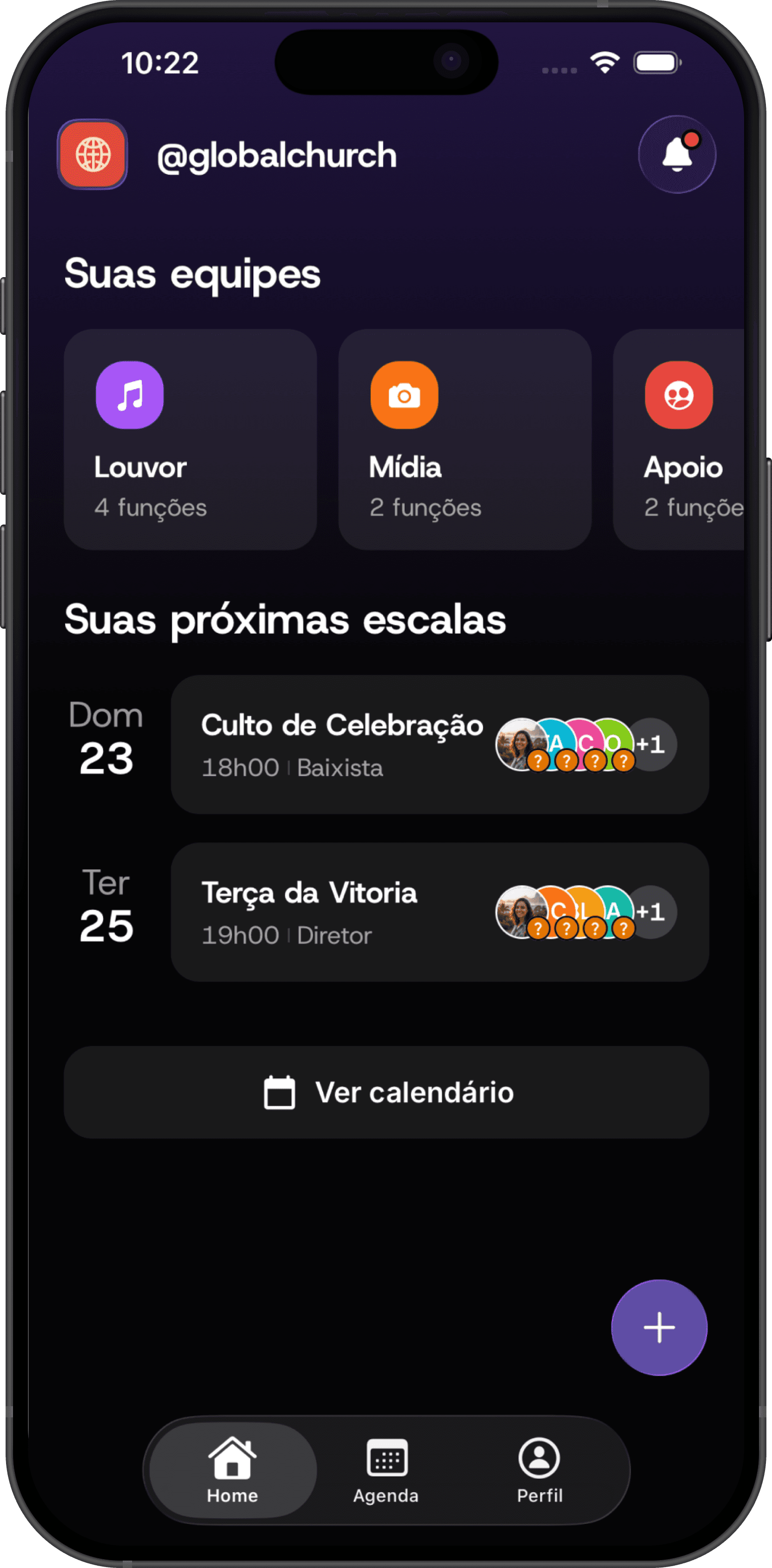 App Escala Church mostrando as equipes e próximas escalas