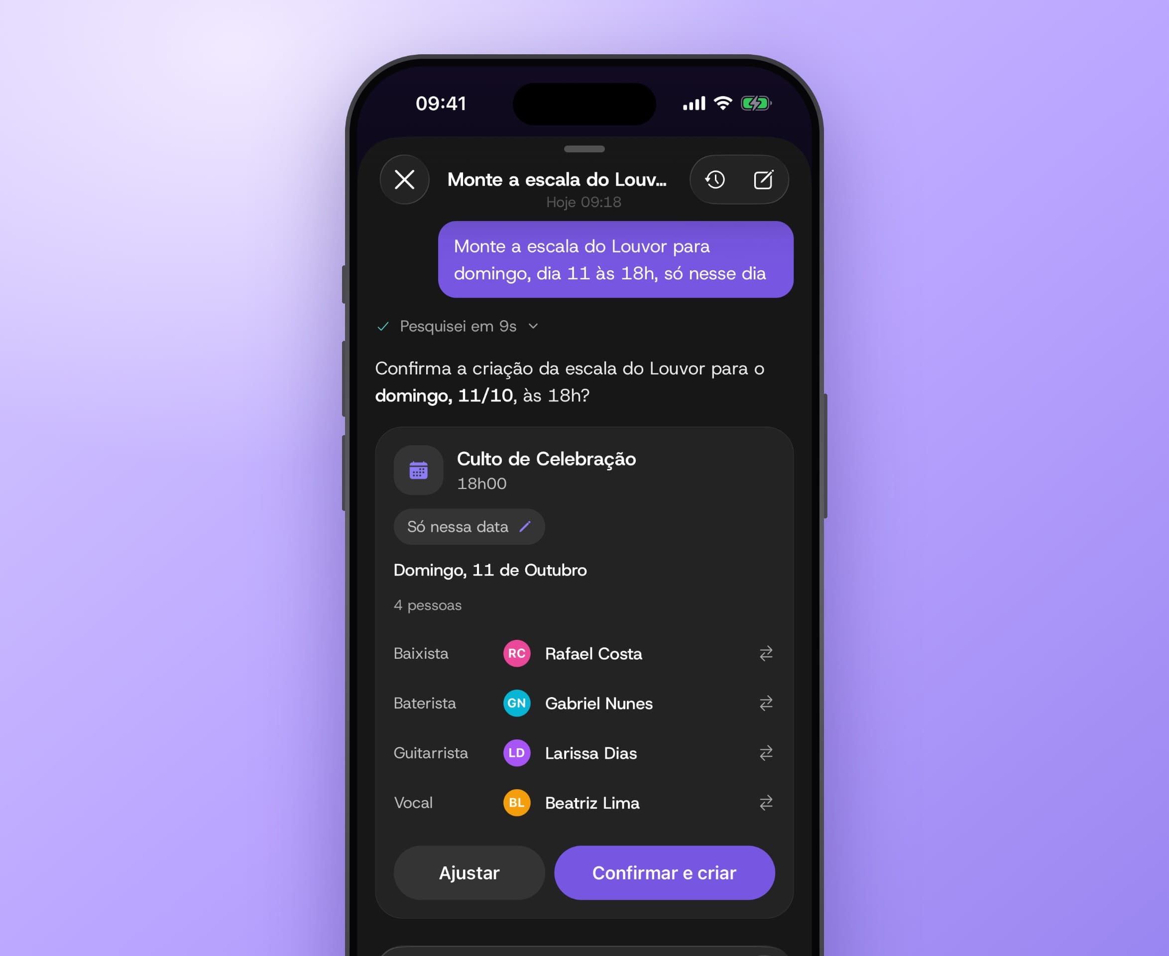 App Escala Church com o Assistente de IA propondo uma escala para confirmação