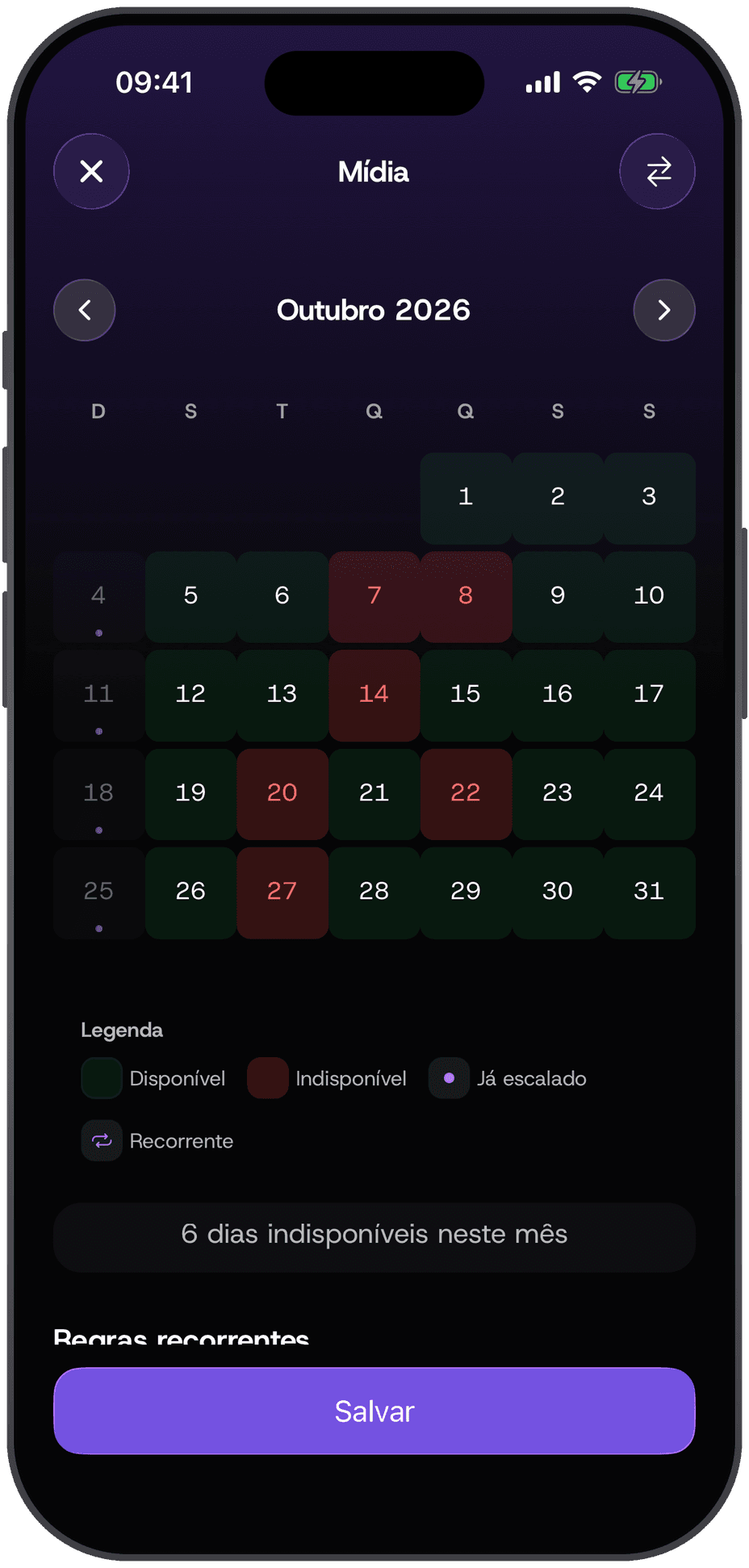 Tela de disponibilidade do app com calendário
