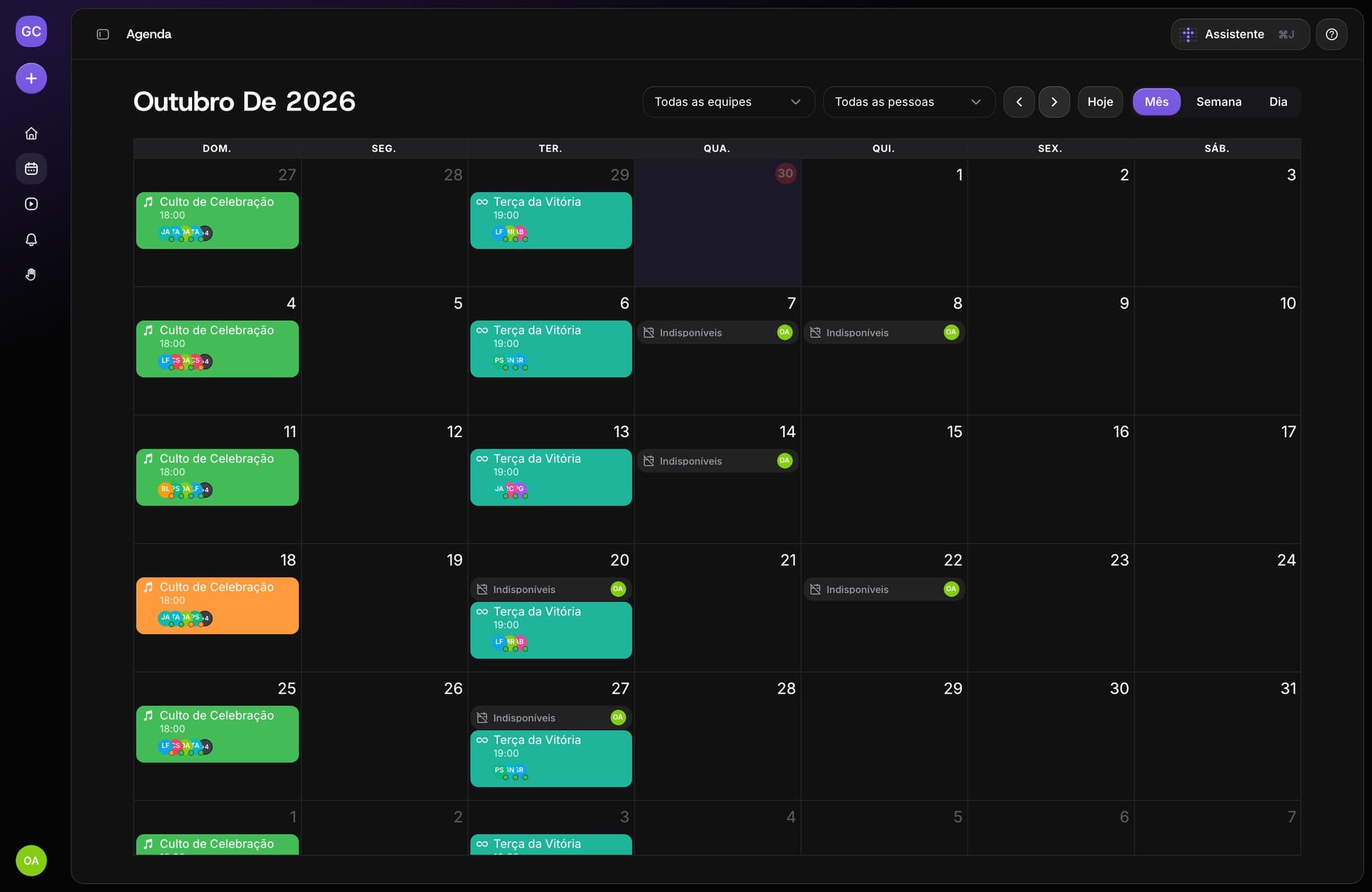 Painel web do Escala Church mostrando a agenda mensal com os cultos e escalas