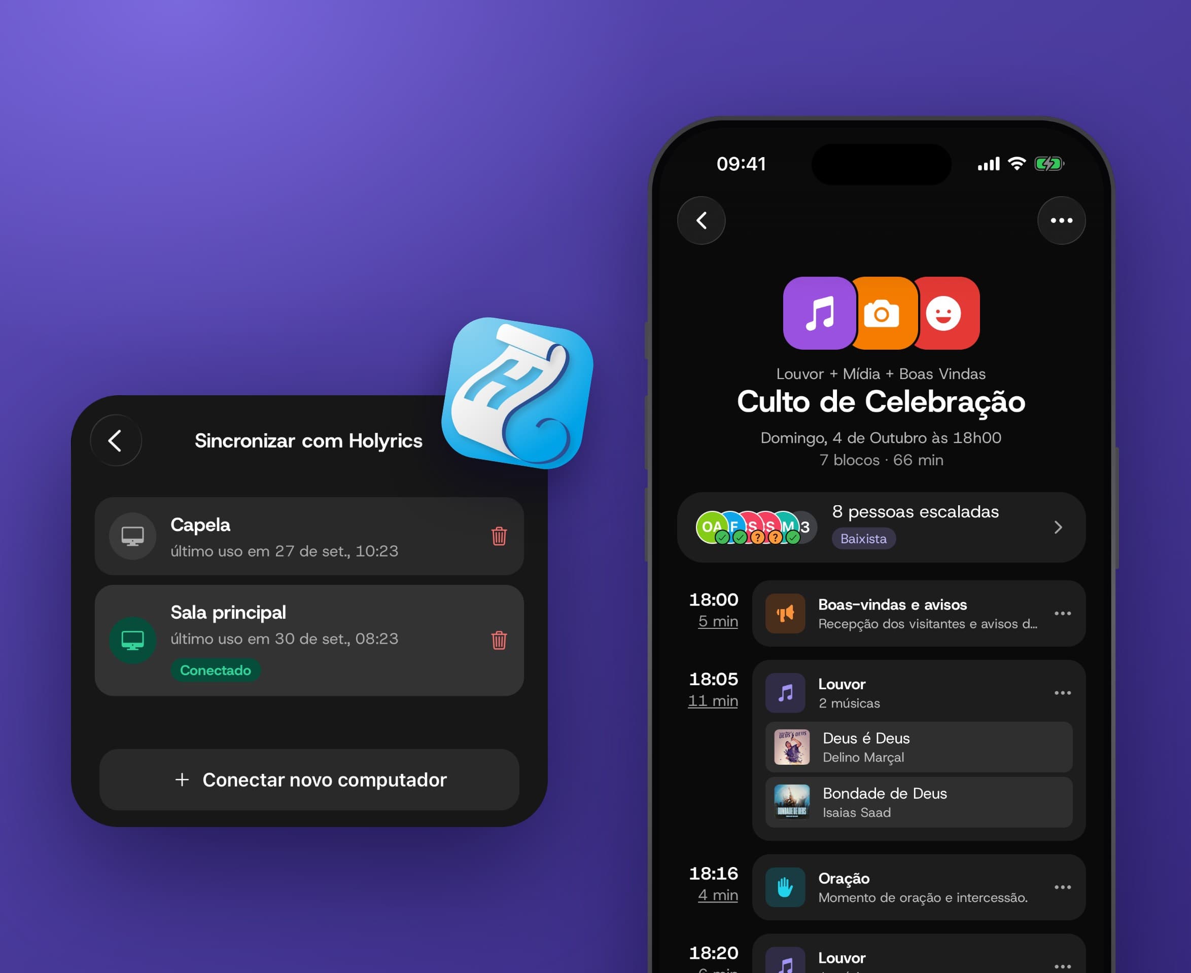 Tela da ordem do culto no app e o modal de sincronização com o Holyrics