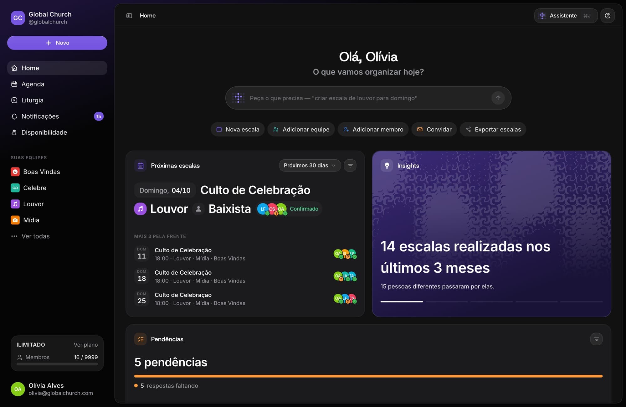 Painel web do Escala Church com equipes, próximas escalas e ranking