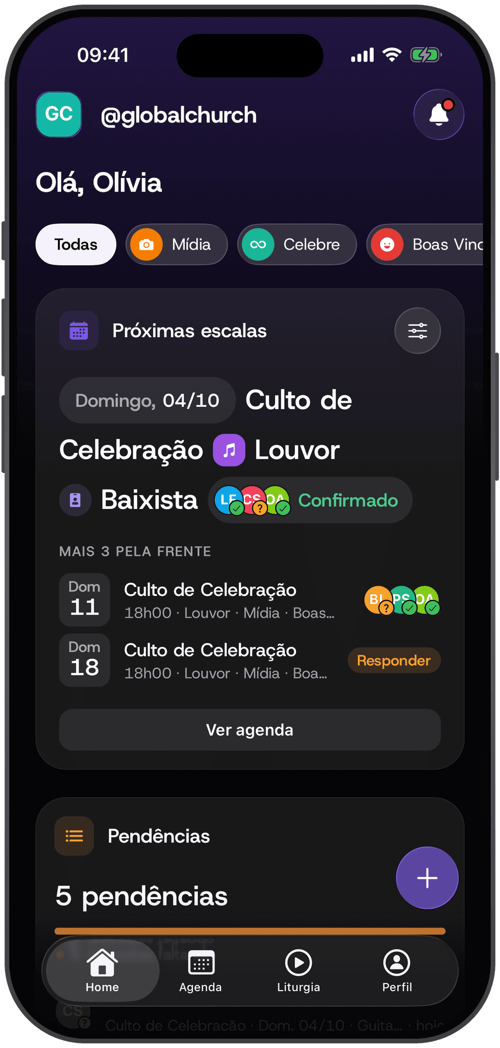 App Escala Church mostrando as equipes e próximas escalas